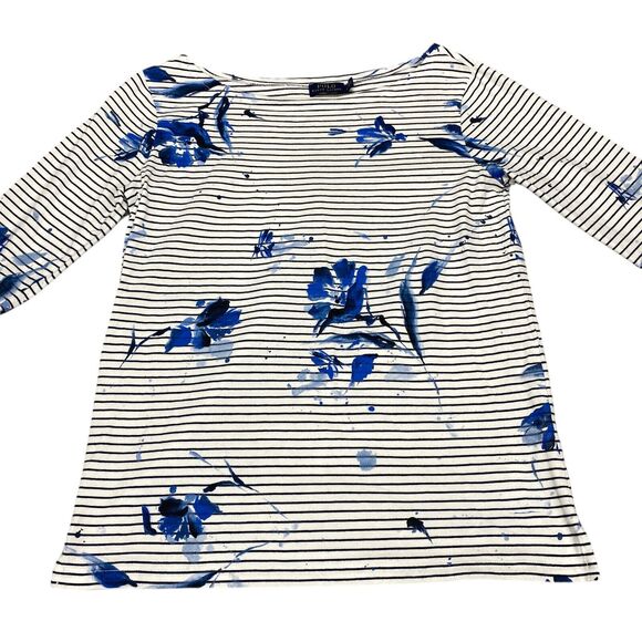 Polo Ralph Lauren Top Women's Medium White Blue Flowers and Stripes 3 /4 Sleeves - Picture 16 of 16